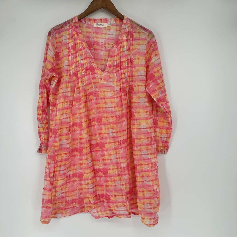 Boho Gauze Pink Yellow Tie Dye Pintuck Cotton‎ Tunic M Festival Shabby Chic